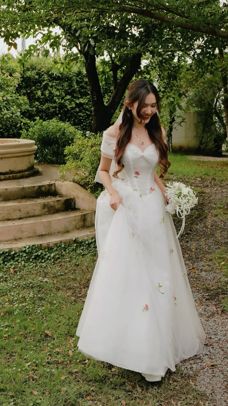 Cute A Line Off the Shoulder Embroidery White Tulle Long Wedding Dress SH8879