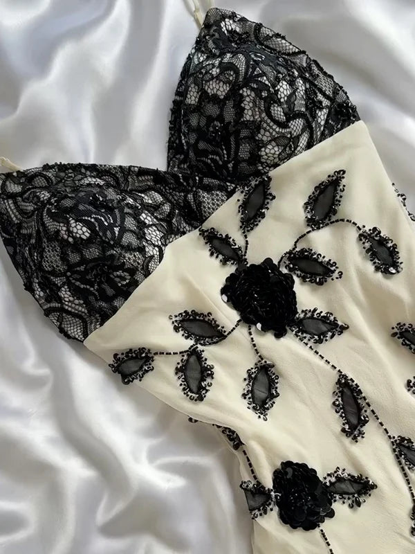 Elegant A Line Spaghetti Strap Black Lace Beaded Ivory Chiffon Party Dress Evening Dress SH2848