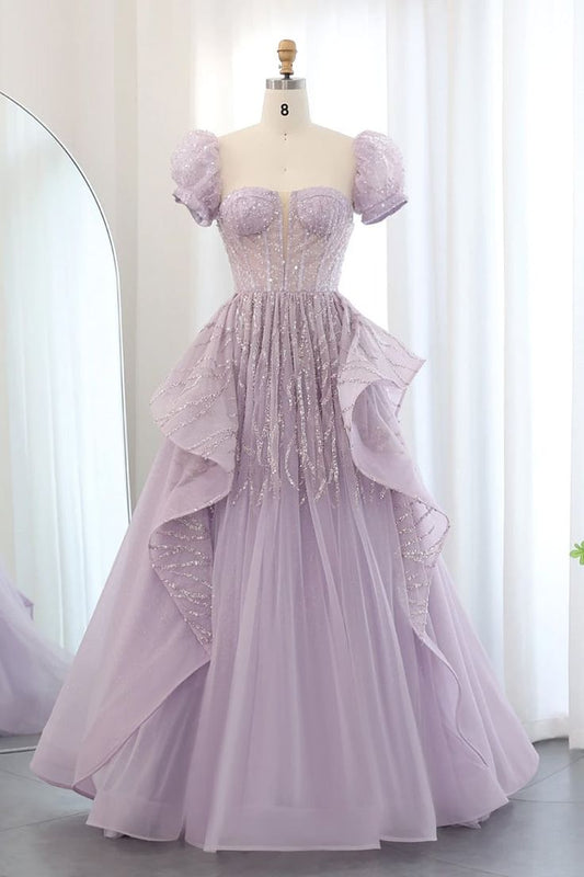 Lilac A Line Puff Sleeve Sequins Ruffle Tulle Prom Dress SH1661