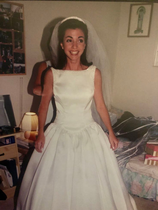 Vintage Cute A Line Beaded Simple Satin Long Wedding Dress SH8244