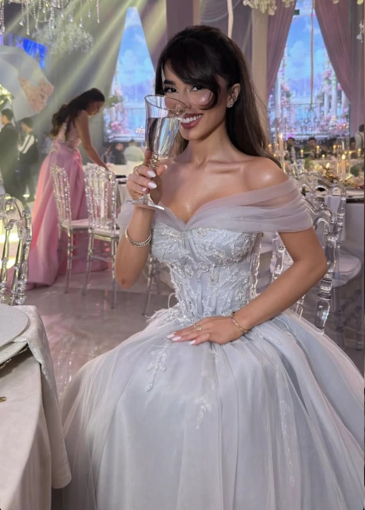 Princess Elegant A Line Off the Shoulder Beaded Tulle Long Prom Dress Party Dress SH5541
