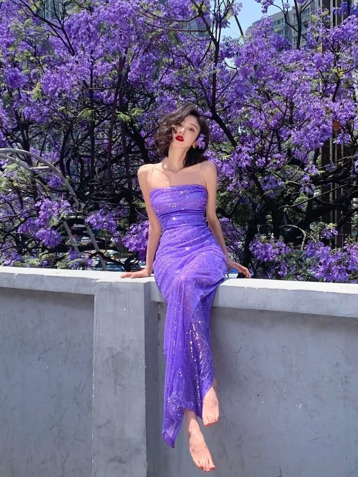 Stunning Sheath Spaghetti Strap Purple Sequin Long Party Dress Evening Dress SH2856