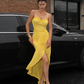 Sexy Yellow Mermaid Spaghetti Straps Tulle Prom Dress Outfits with Slit SH5311