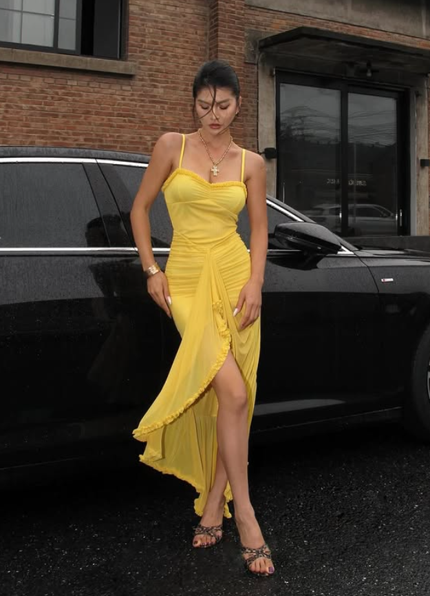 Sexy Yellow Mermaid Spaghetti Straps Tulle Prom Dress Outfits with Slit SH5311