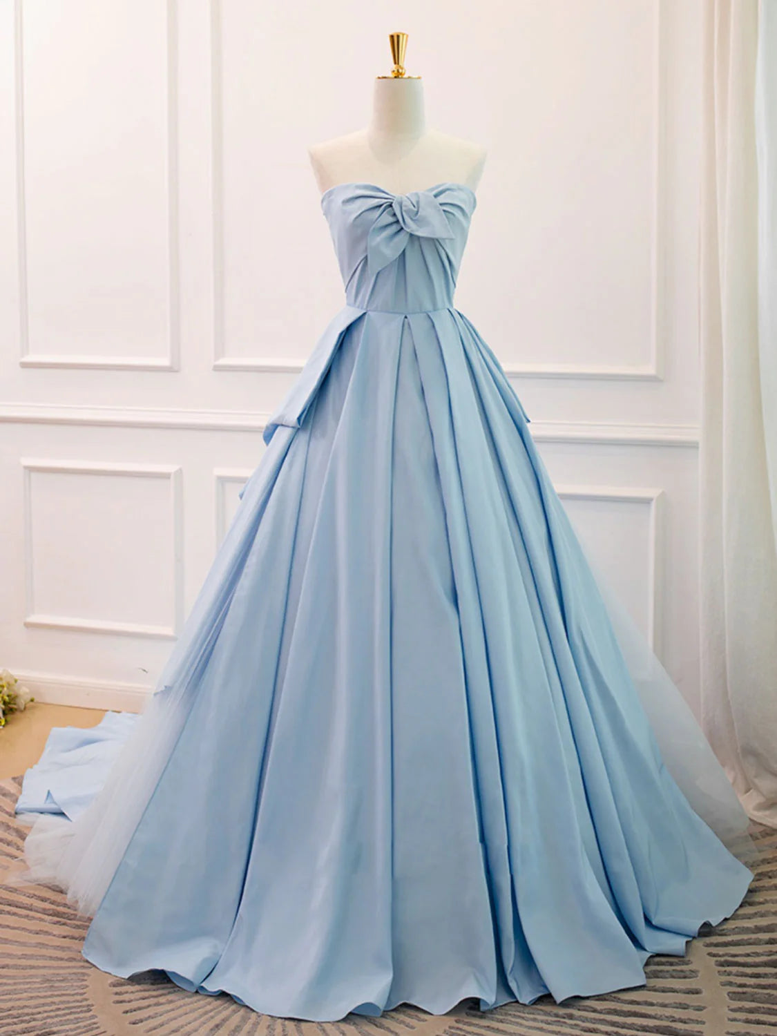 A Line Sweetheart Neck Blue Satin Tulle Long Prom Dress Evening Dress SH1734