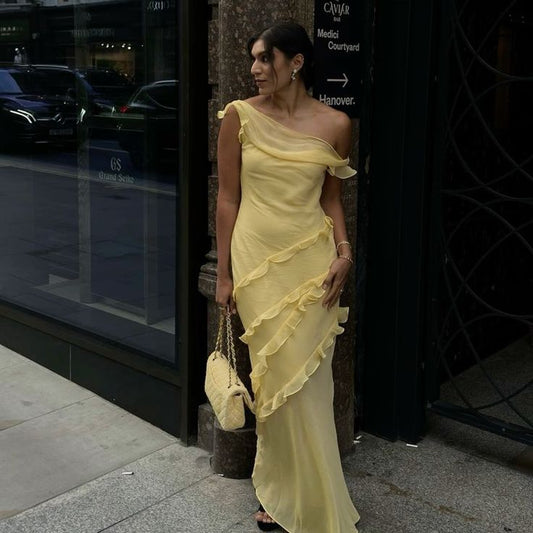 Pretty Yellow Sheath Strap Ruffle Chiffon Long Vacation Dress Outfits SH4003