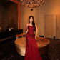 Sexy Burgundy Mermaid Spaghetti Strap Beaded Sequin Tulle Long Prom Dress Evening Dress SH8859