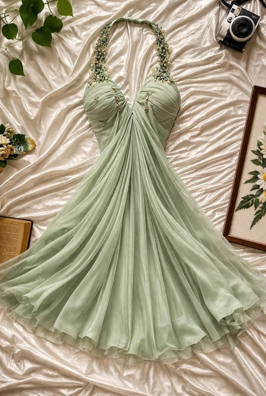 Sage Green A Line Halter Beaded Chiffon Short Homecoming Dress Outfits SH5722