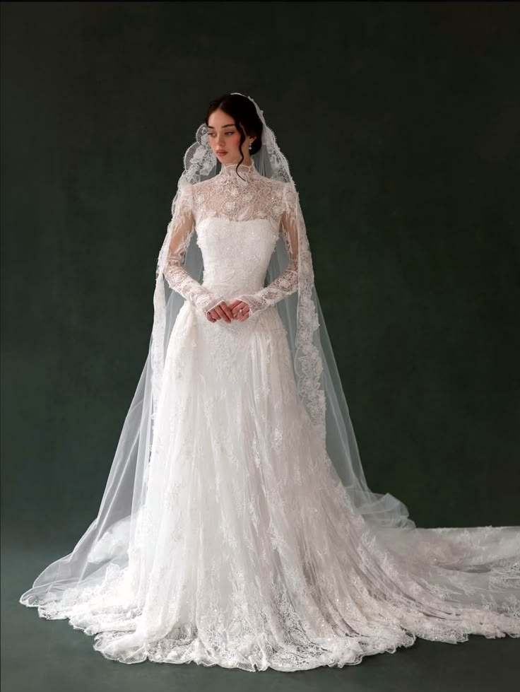 Elegant A Line Long Sleeve High Neck White Lace Long Wedding Dress SH8724