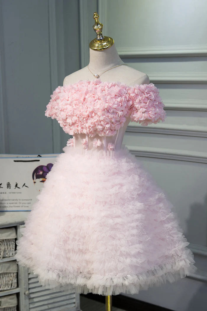 Pink A Line Tulle Homecoming Dresses With Flower Appliques SH1596