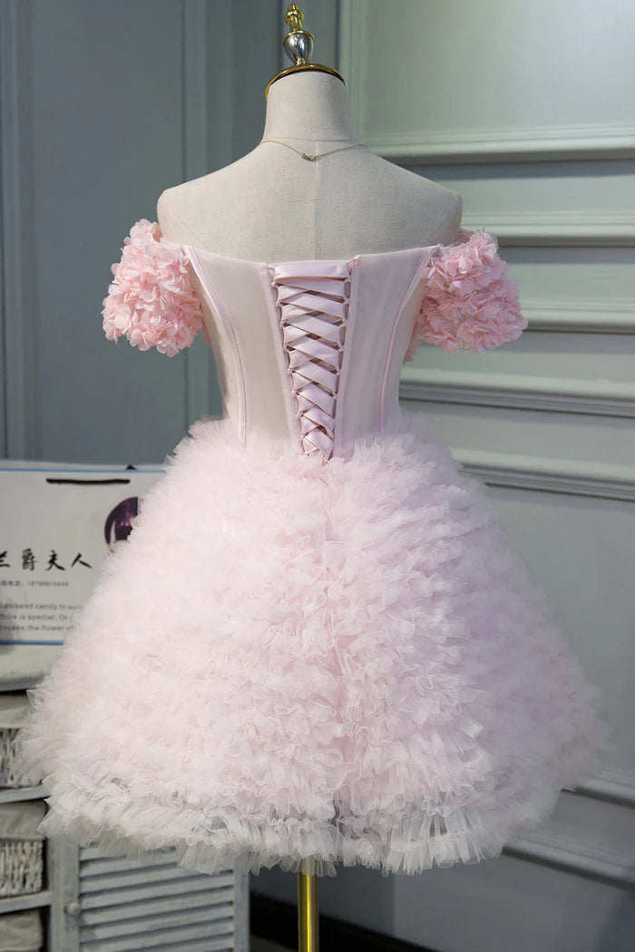 Pink A Line Tulle Homecoming Dresses With Flower Appliques SH1596