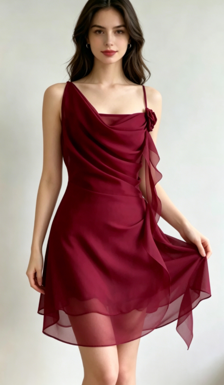 Burgundy A Line Spaghetti Strap Floral Chiffon Short Party Dress Homecoming Dress Outfits SH3601