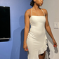 Simple White Slit Ruffles Midi Length Sheath Prom Gown Brithday Party Evening Dress SH1559