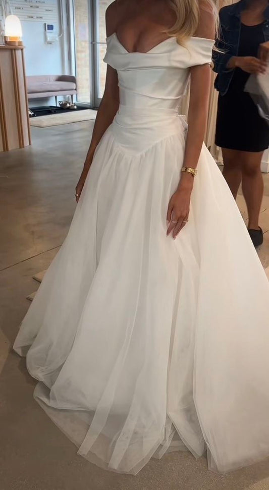 Elegant White A Line Off the Shoulder Satin Tulle Long Wedding Dress SH8707