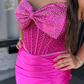 Hot Pink Sheath Strapless Bow Beaded Satin Slit Prom Dress Party Evening Dress SH7243