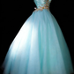 Vintage Blue A Line Strapless Pleated Beaded Satin Tulle Long Graduation Prom Dress SH5288