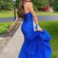Mermaid Strapless Royal Blue Lace Satin Prom Dress with Slit SH1664