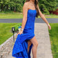 Mermaid Strapless Royal Blue Lace Satin Prom Dress with Slit SH1664