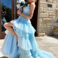 Sexy A Line V-neck Black Tulle Multi-Tiered Long Prom Dress SH1649