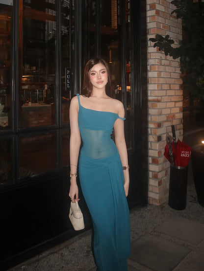 Lake Blue Sheath Spaghetti Strap Tulle Prom Dress Evening Dress SH8575
