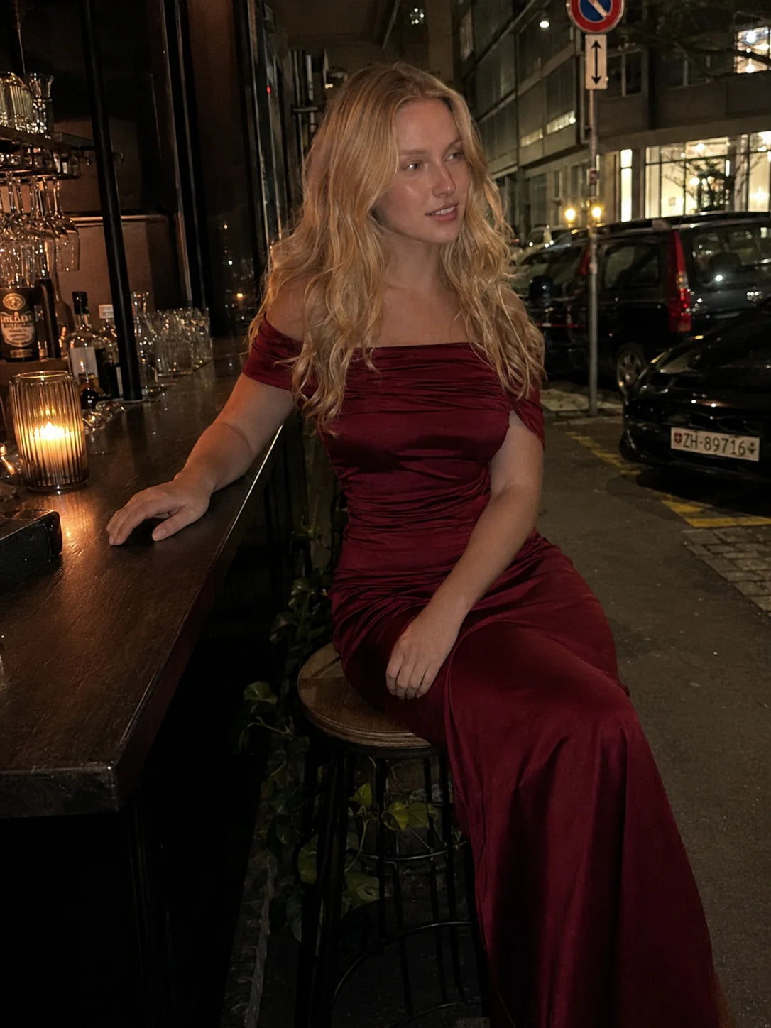 Chic Burgundy Sheath Off the Shoulder Satin Prom Dress Evening Dress SH7208