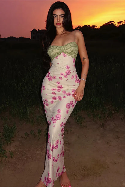 Pink Print Floral Sheath Straps Satin Prom Dress Evening Dress SH5765