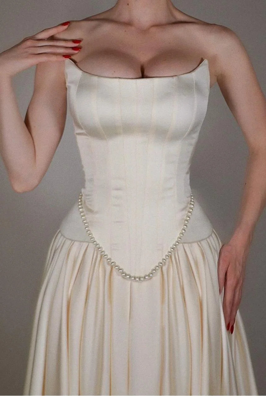 Exquisite Satin Ivory Sleeveless Strapless Long Pleated Prom Dress with Beadings SH5463
