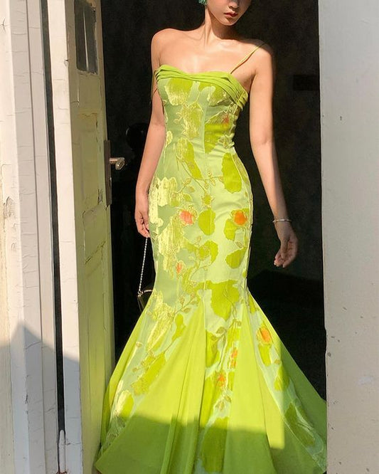 Pretty Mermaid Spaghetti Strap Print Flower Green Satin Chiffon Party Dress Evening Dress SH2875