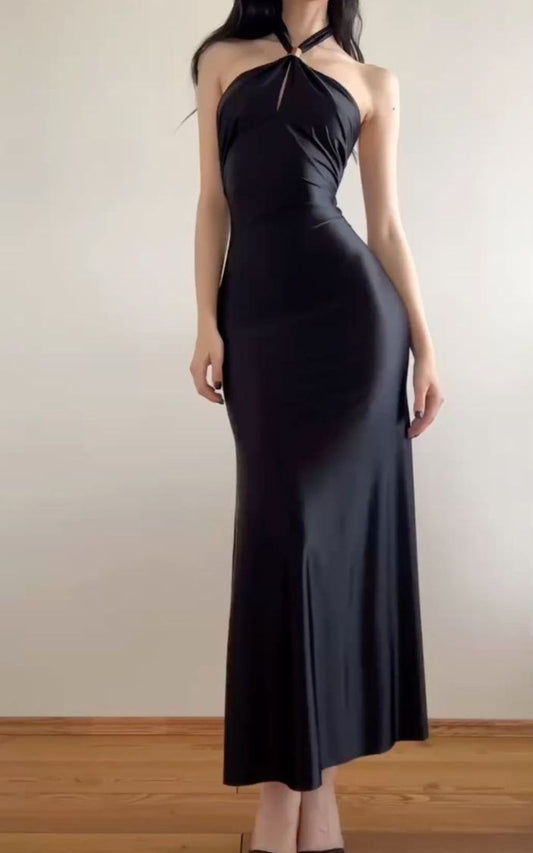 Elegant Simple Black Mermaid Halter Satin Evening Dress Party Dress Formal Dress SH3953