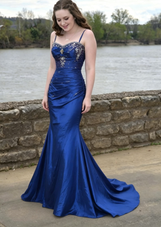 Royal Blue Mermaid Straps Shiny Beaded Satin Prom Dress Evening Dress Date Dress SH5591