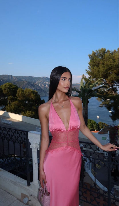 Pink A Line Halter Lace Satin Open Back Prom Dress Vacation Dress SH4491