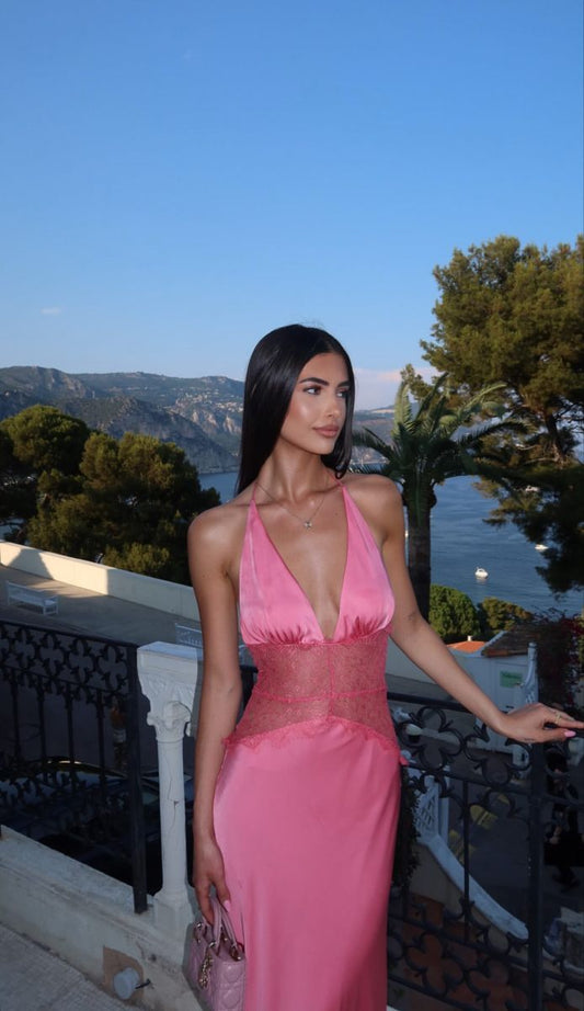 Pink A Line Halter Lace Satin Open Back Prom Dress Vacation Dress SH4491