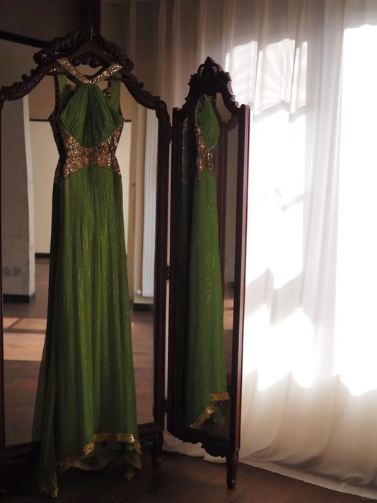 Vintage Green A Line Halter Beaded Satin Open Back Long Prom Dress SH5215