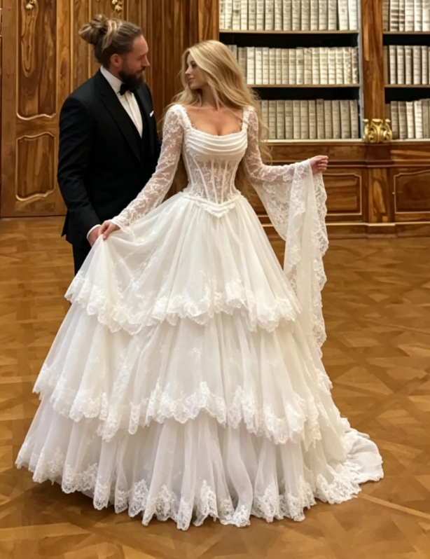 Stunning Ball Gown Corset  Lace Layered Tulle Long Wedding Dress SH7075