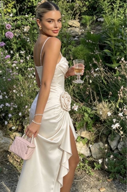Pink Sheath Spaghetti Strap Floral Satin Prom Dress Evening Dress with Slit SH5500