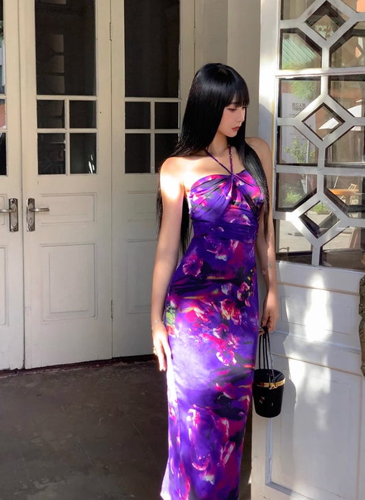 Sexy Purple Print Floral Sheath Halter Chiffon Long Prom Dress Party Dress SH4033