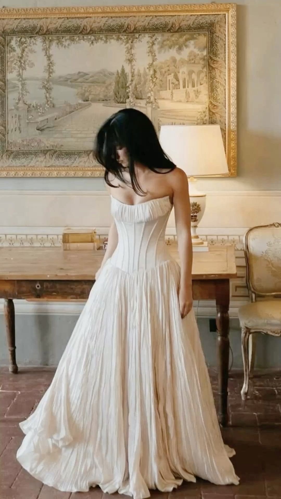 Gentle A Line Strapless Corset White Satin Long Prom Dress Wedding Dress SH7267