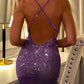 Sexy Sheath Spaghetti Strap Purple Sequin Open Back Prom Dress Evening Dress SH2355