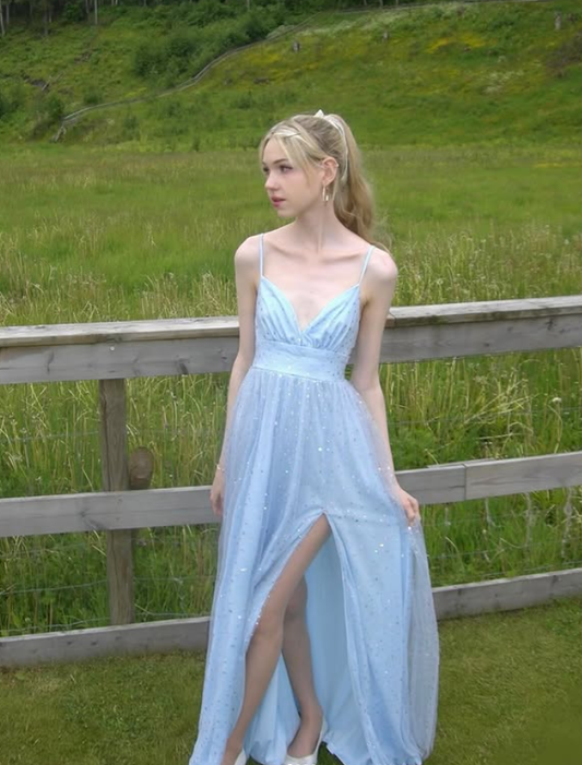 Baby Blue A Line V Neck Sequin Satin Tulle Long Prom Dress Date Dress SH6508