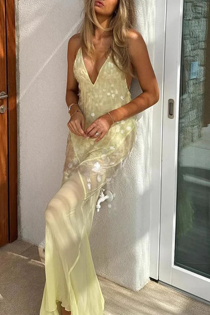 Sexy Sheath V Neck Light Yellow Sequin Chiffon Long Prom Evening Dress SH2389