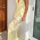 Sexy Sheath V Neck Light Yellow Sequin Chiffon Long Prom Evening Dress SH2389