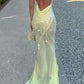 Sexy Sheath V Neck Light Yellow Sequin Chiffon Long Prom Evening Dress SH2389