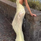 Sexy Sheath V Neck Light Yellow Sequin Chiffon Long Prom Evening Dress SH2389