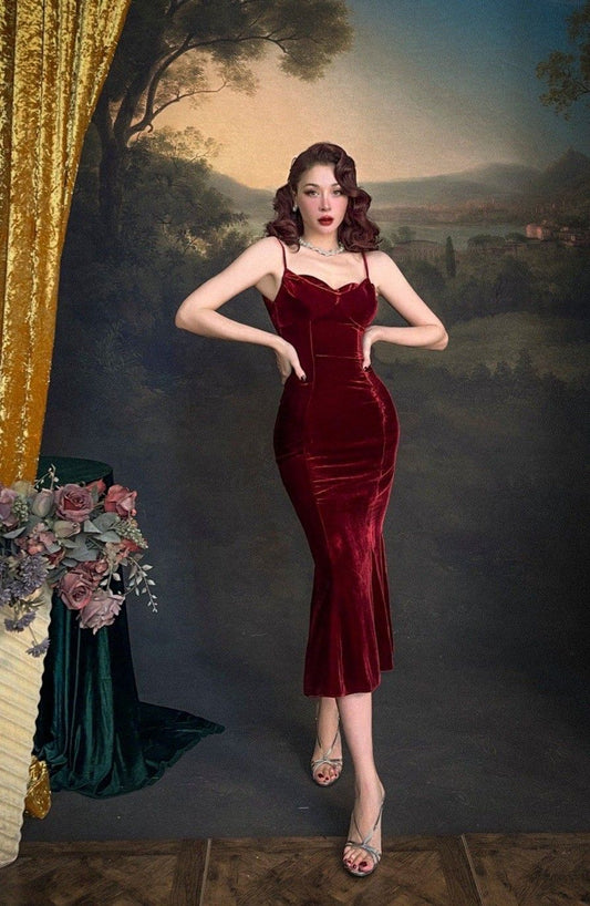 Classic Mermaid Spaghetti Strap Burgundy Velvet Tea Length Party Dress Prom Dress Formal Gown SH4306