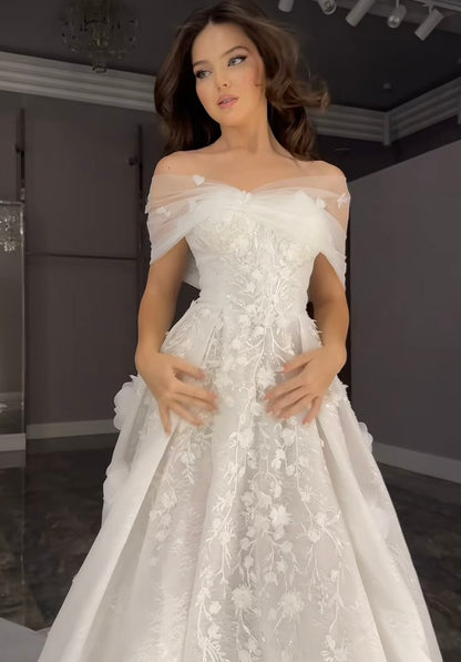 Dreamy A Line Off the Shoulder White Applique Tulle Long Train Wedding Dress SH8735