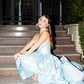 Baby Blue A Line V Neck Satin Short Long Prom Dress Evening Dress SH2202