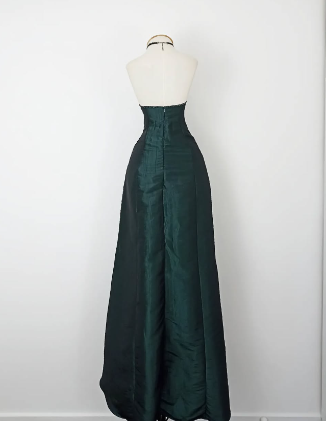 Vintage A Line Sweetheart Neck Green Beaded Satin Long Evening Dress Party Dress SH3170
