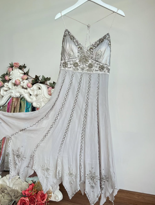 Vintage A Line Spaghetti Strap Grey Beaded Satin Chiffon Short Homecoming Dress SH4881