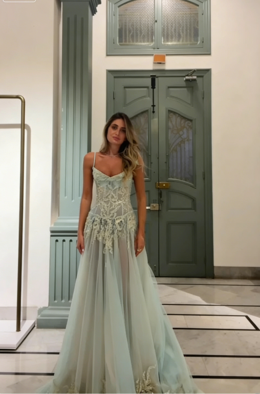 Baby Blue A Line Straps Exquisite Beaded Tulle Prom Dress Wedding Guest Dress SH5351