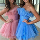 Light Blue Strapless Pleated Tulle Short Homecoming Dress with Ruffles SH7802